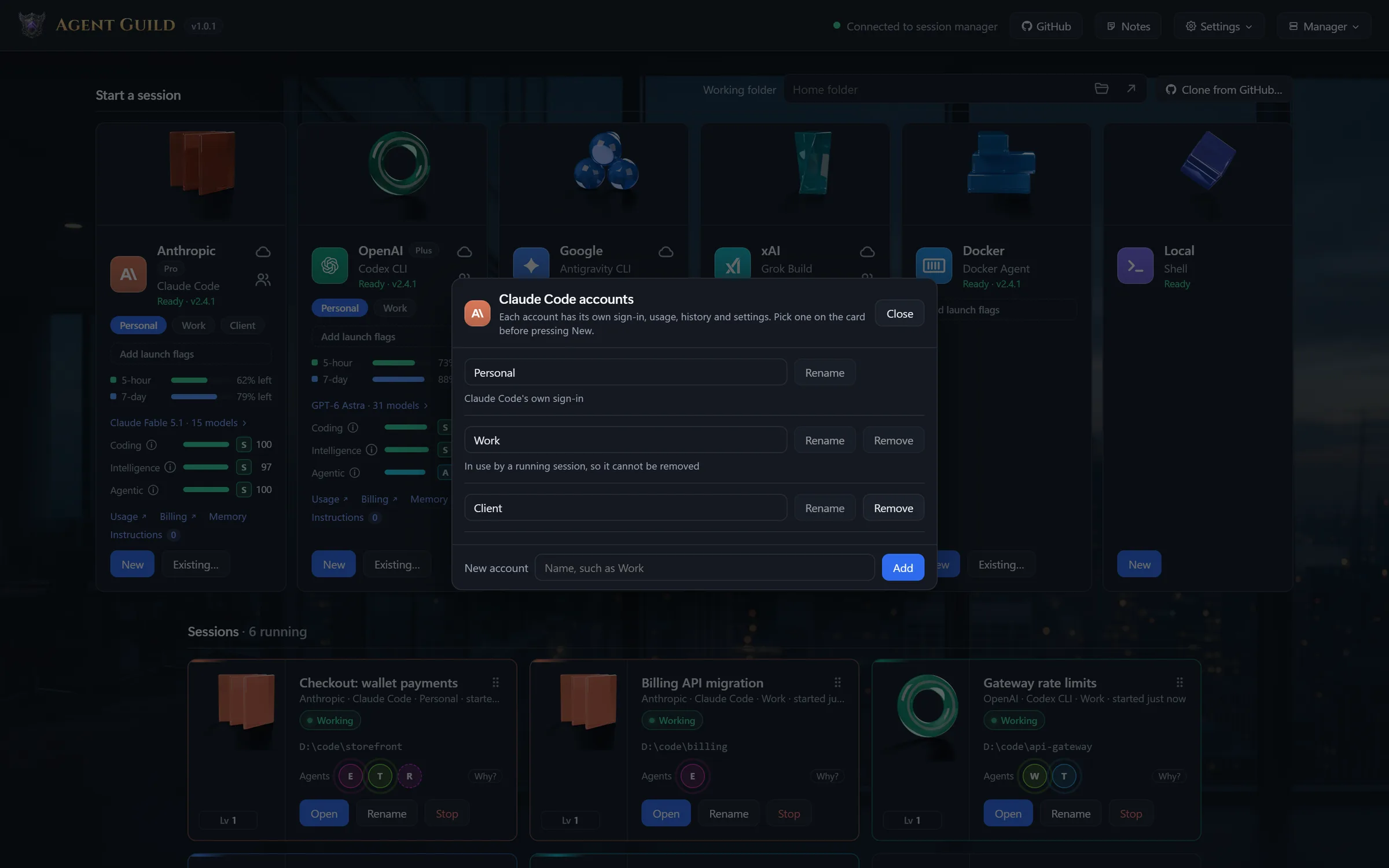 Claude Code accounts: Personal, Work and Client, each with its own sign-in