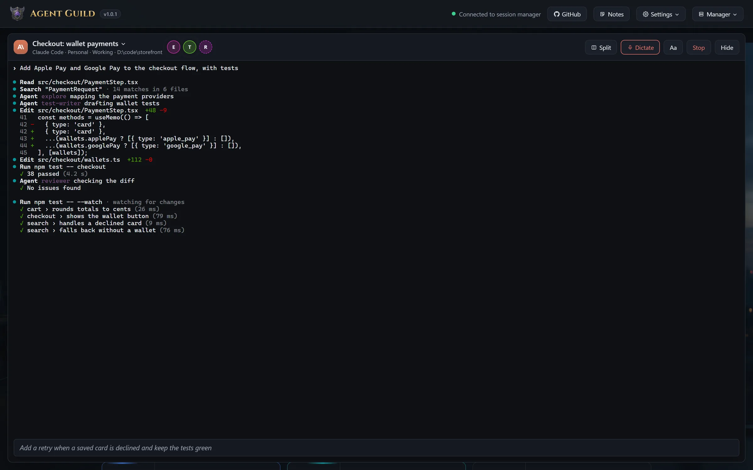 Dictating into a Claude Code terminal: the words heard so far in the bar along the bottom