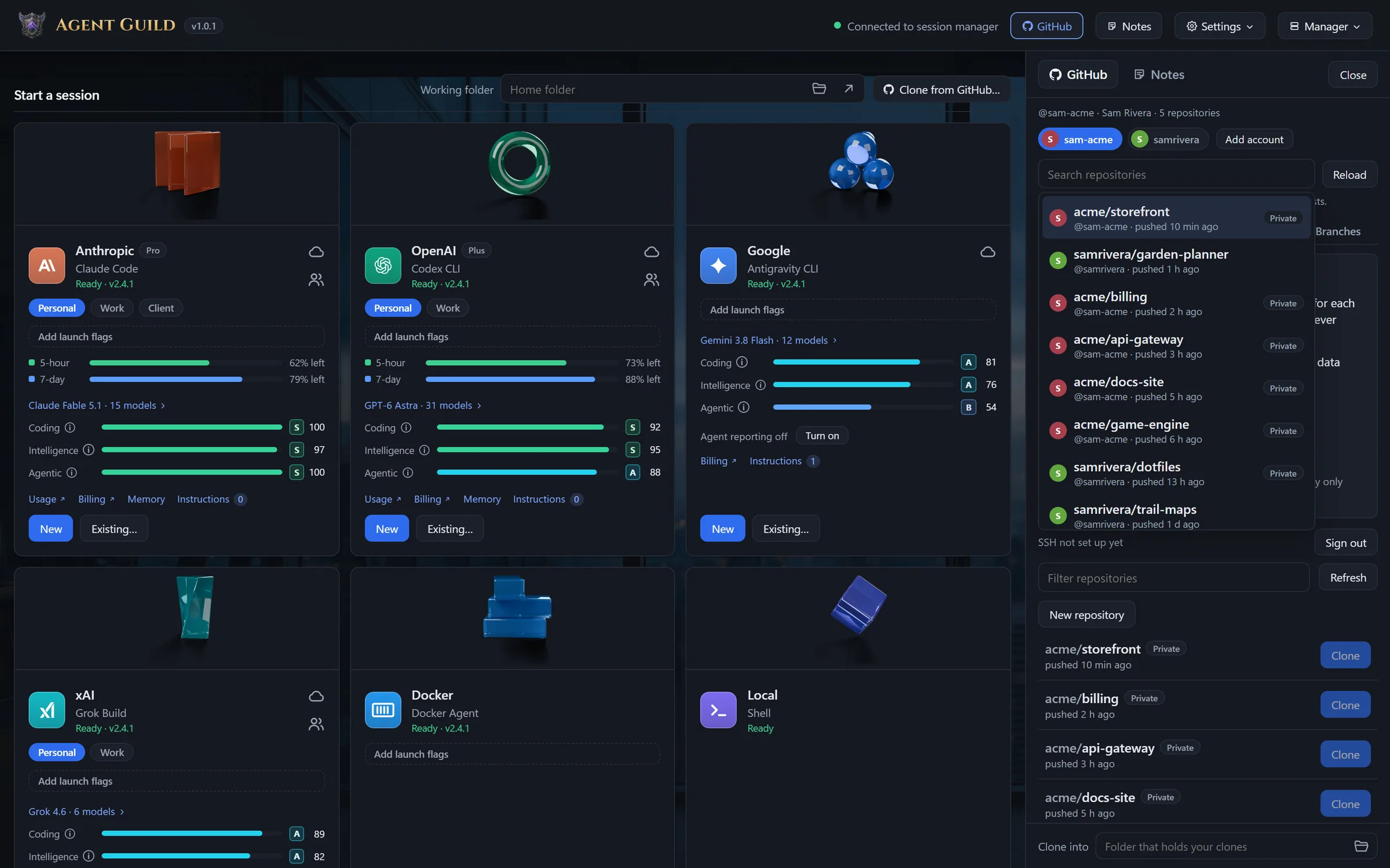 Agent Guild's GitHub panel signed in to two accounts, its repository list drawing from both
