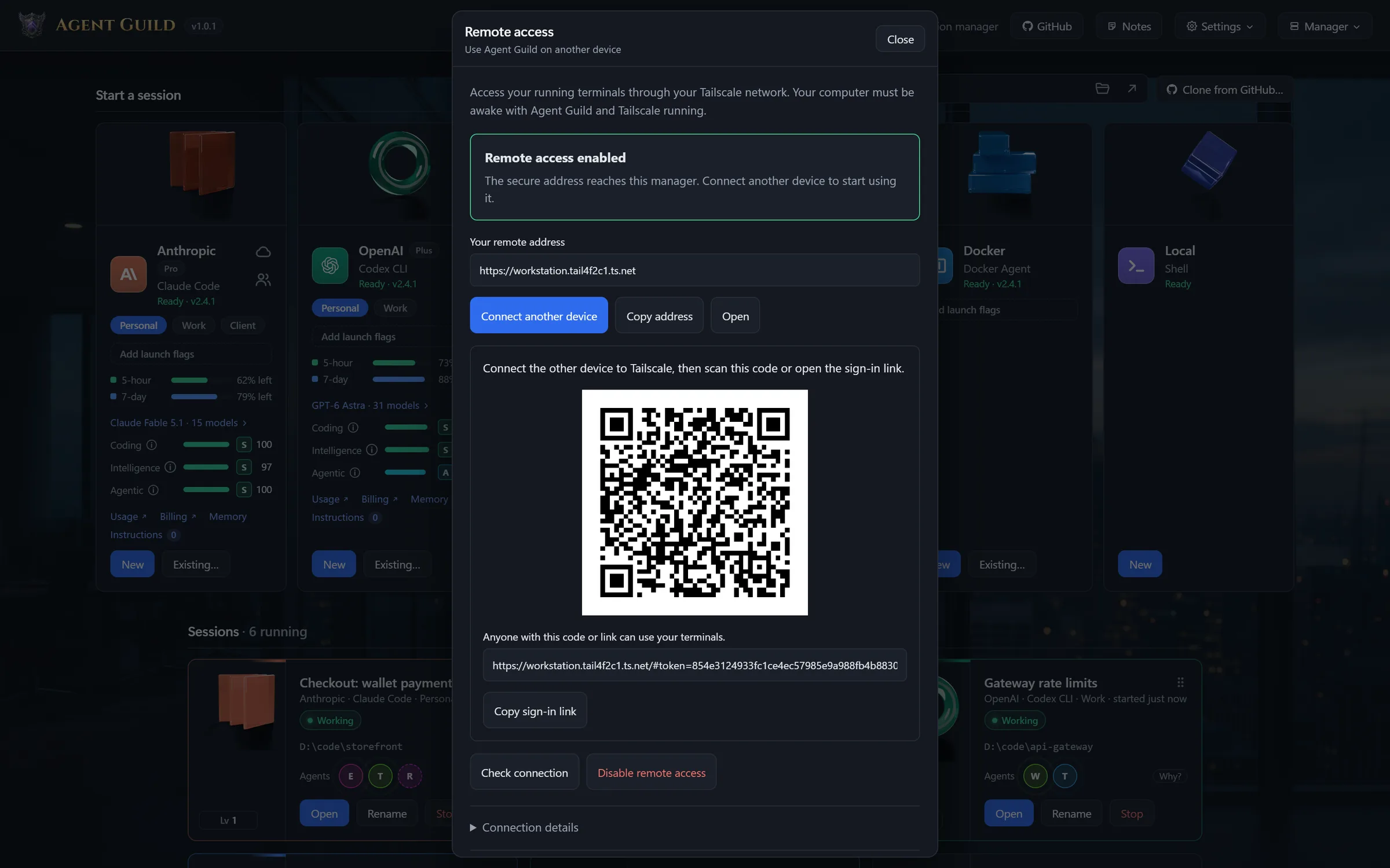 Agent Guild's remote access: enabled through Tailscale, its sign-in QR code showing