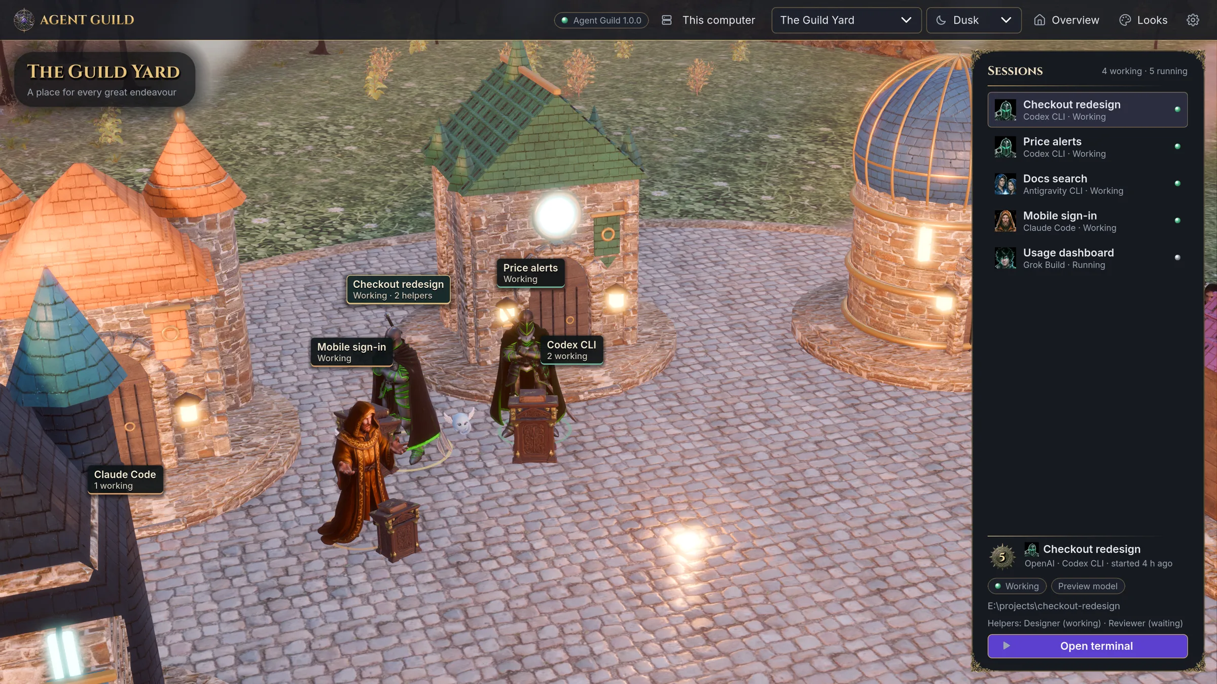 Agent Guild: World: the Guild Yard at dusk, a Codex CLI session selected, its card open beside the roster